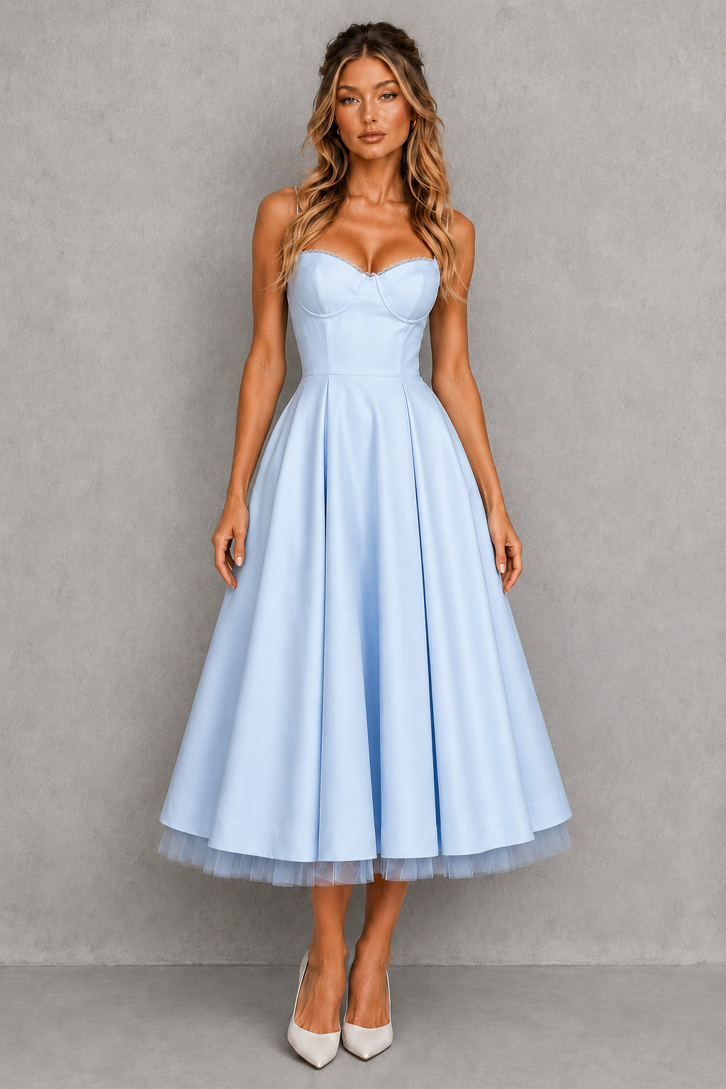 Women's Corset Bodice Midi Dress, Sweetheart Neckline Adjustable Straps Full Pleated Skirt with Pockets, Wedding Guest Party Gown – Bellmere
