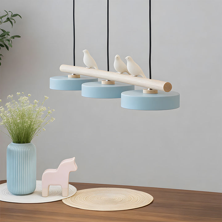 Three-lamp LED pendant light with wood-effect bar and bird details