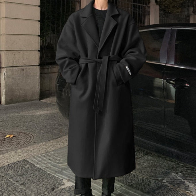 Longline belted overcoat with notched lapels and side pockets