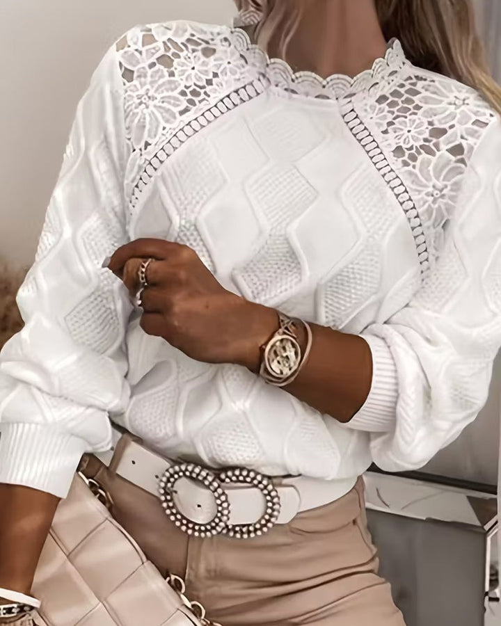 Women's white textured sweater with floral lace shoulder yoke and long sleeves