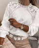 Women's white textured sweater with floral lace shoulder yoke and long sleeves