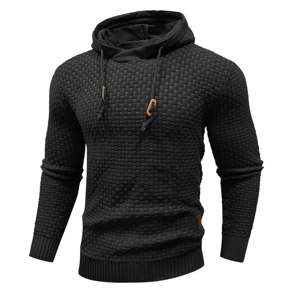 Men's textured hooded sweater with long sleeves, drawstring hood and ribbed trims