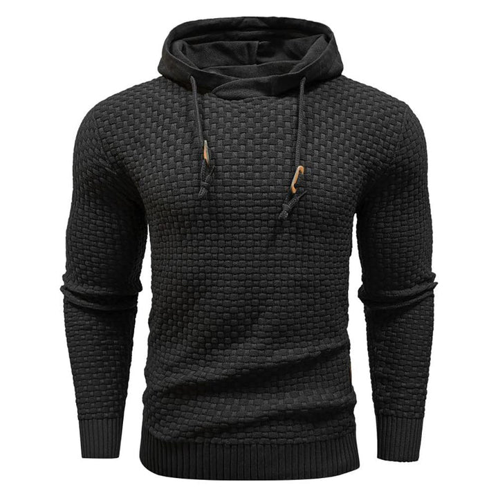Men's textured hooded sweater with long sleeves, drawstring hood and ribbed trims