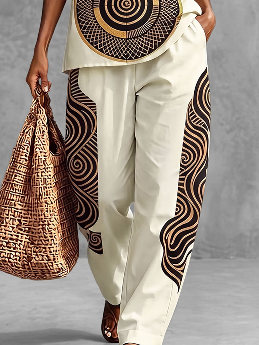 Women's cream wide-leg trousers with geometric contrast panels