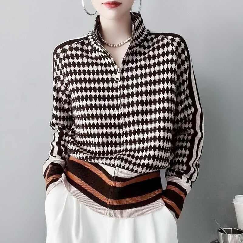 Women's houndstooth zip cardigan with stand collar and striped ribbed trims