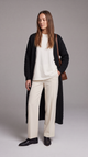 Women's longline textured knit cardigan shown in black and beige with open front and long sleeves