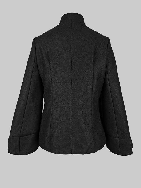 Women's black high neck cape coat with buttons and flared sleeves