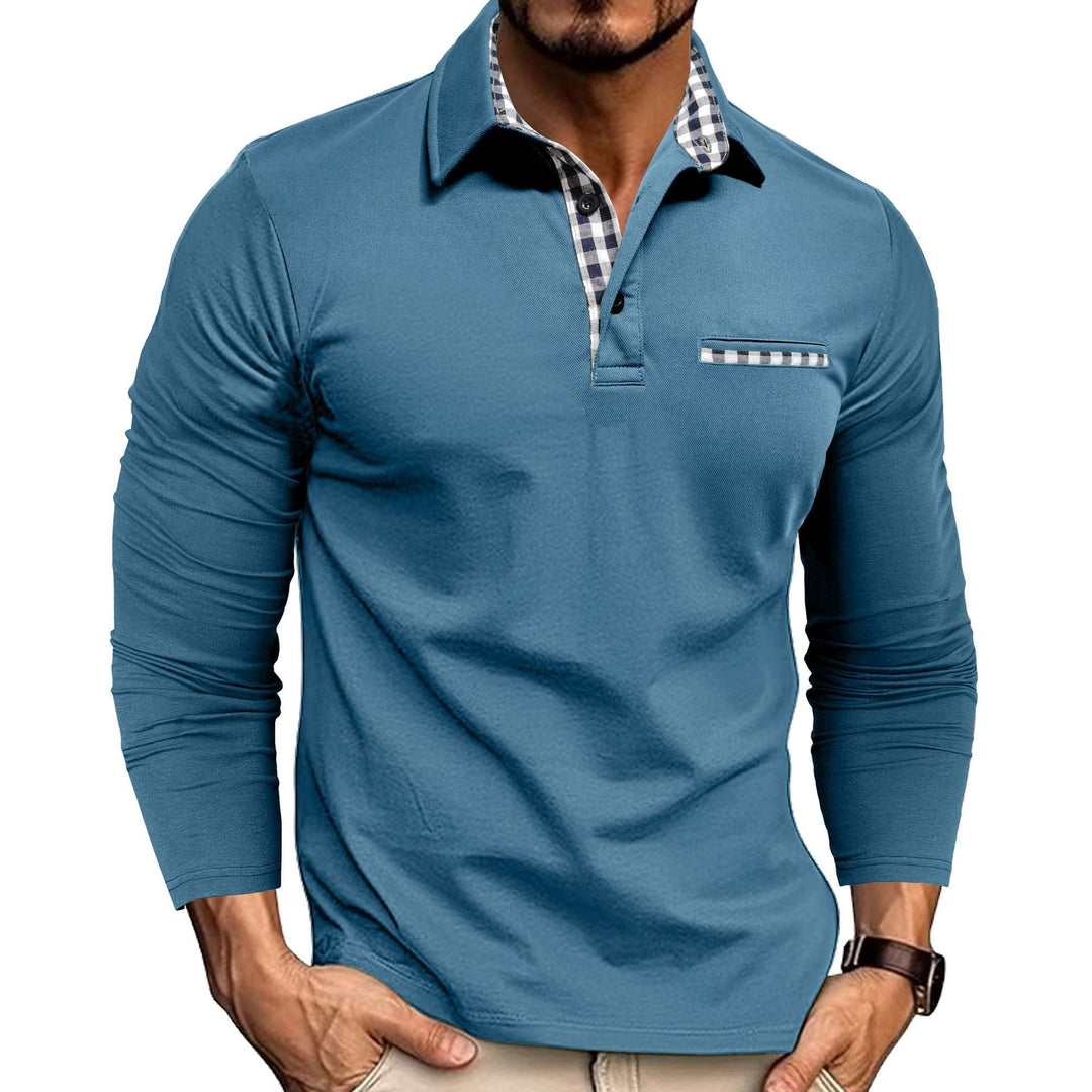 Long sleeve polo shirt with checked contrast collar and chest trim