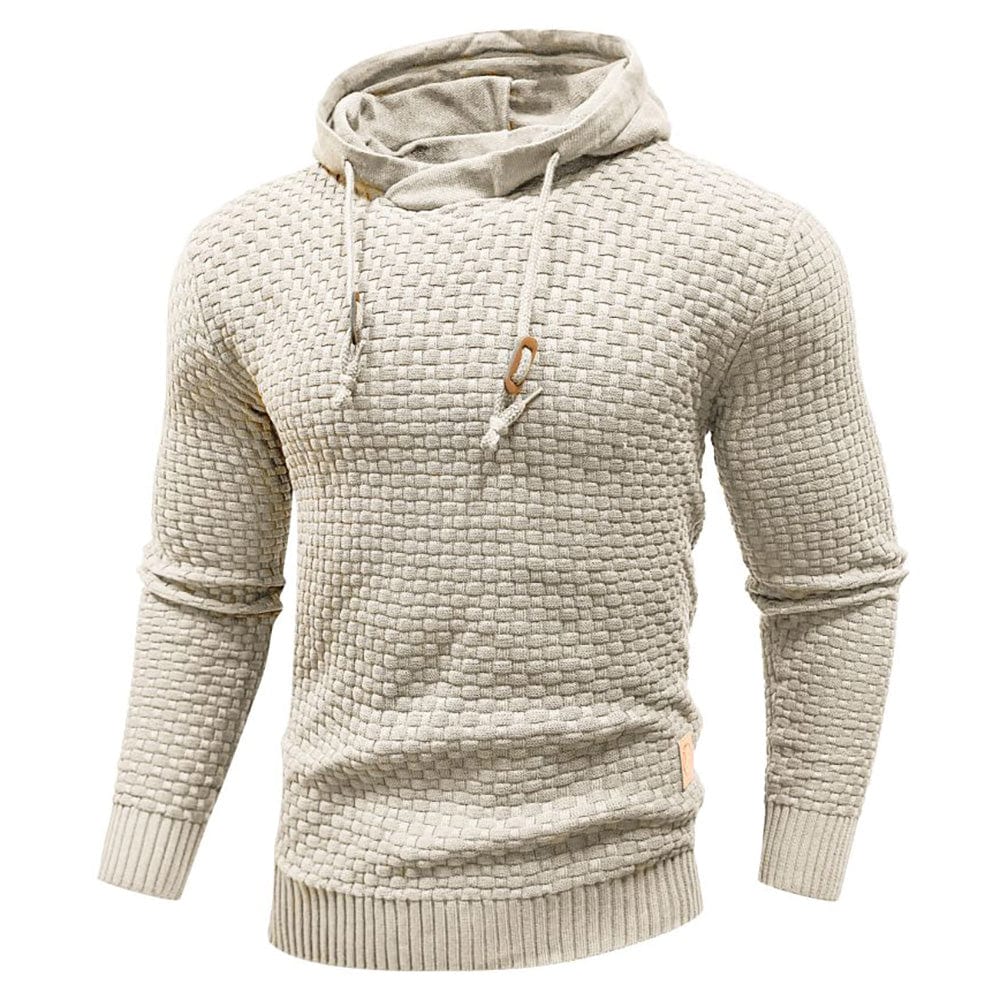 Men's textured hooded sweater with long sleeves, drawstring hood and ribbed trims