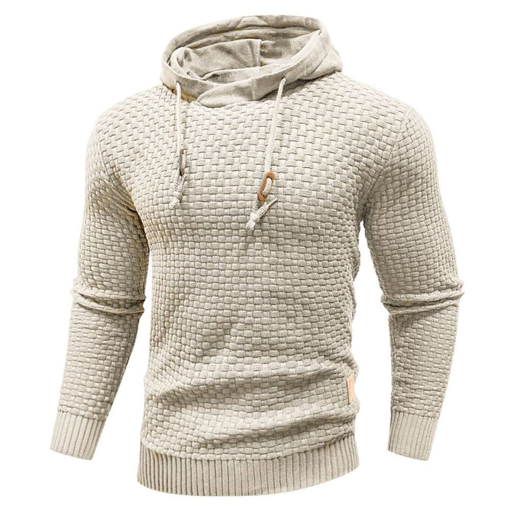 Men's textured hooded sweater with long sleeves, drawstring hood and ribbed trims