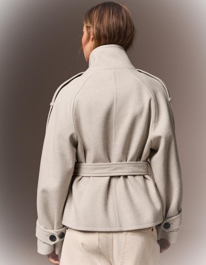 Women's belted funnel-neck trench jacket with double-breasted buttons
