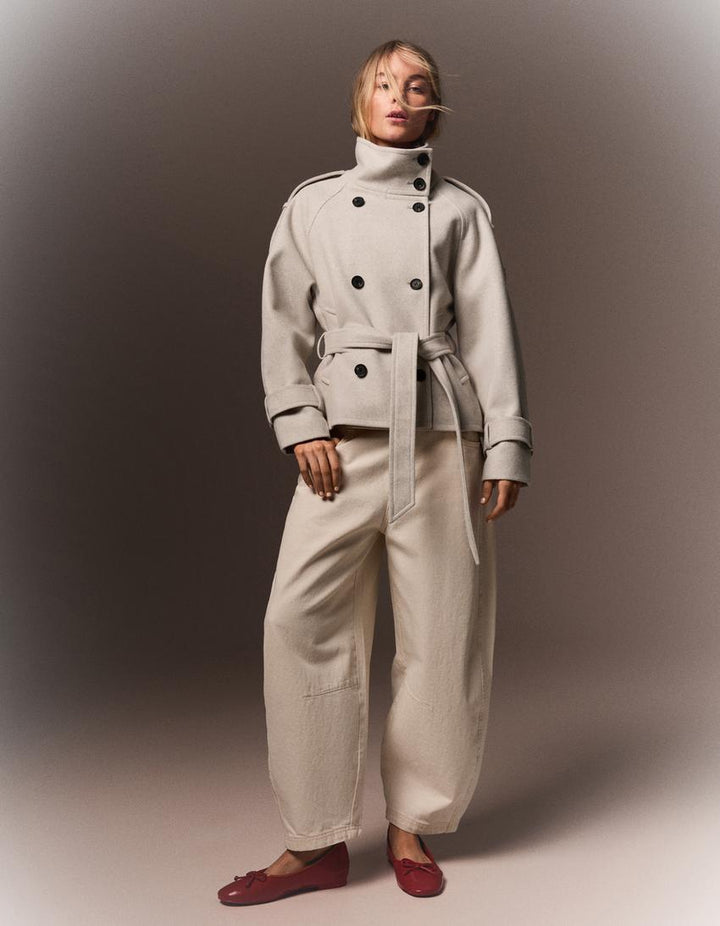 Women's belted funnel-neck trench jacket with double-breasted buttons