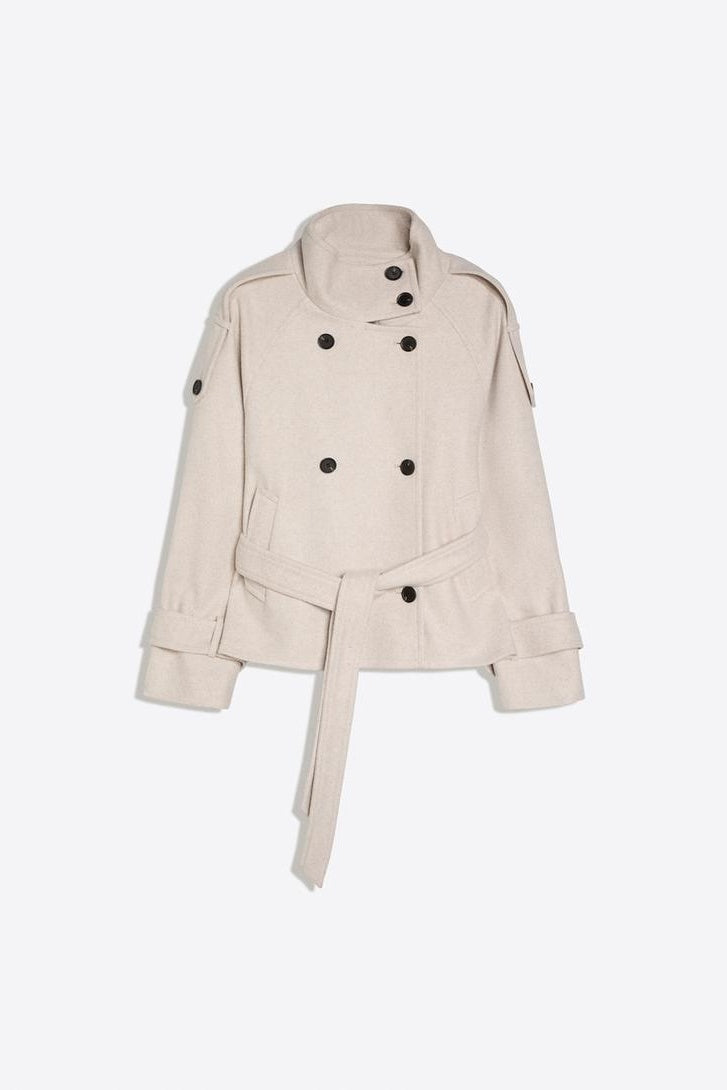 Women's belted double-breasted trench coat with high stand collar and cuff straps