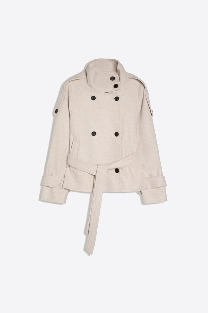 Women's belted double-breasted trench coat with high stand collar and cuff straps