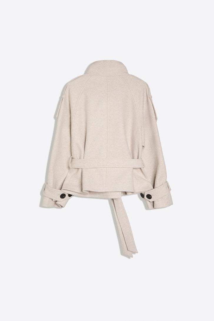 Women's belted double-breasted trench coat with high stand collar and cuff straps