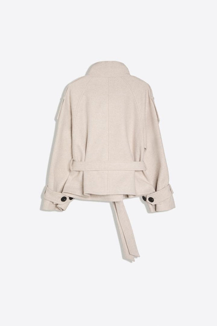Women's belted double-breasted trench coat with high stand collar and cuff straps
