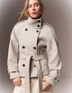 Women's belted funnel-neck trench jacket with double-breasted buttons