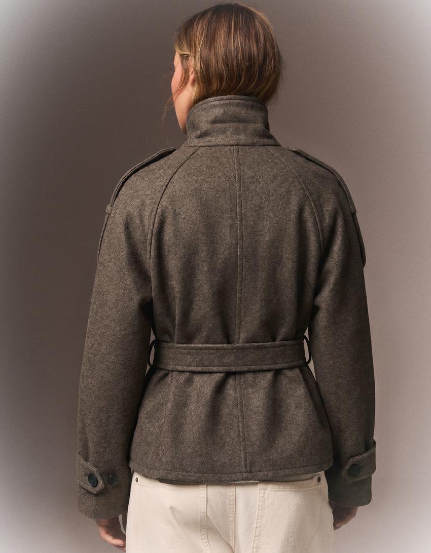 Women's belted funnel-neck trench jacket with double-breasted buttons