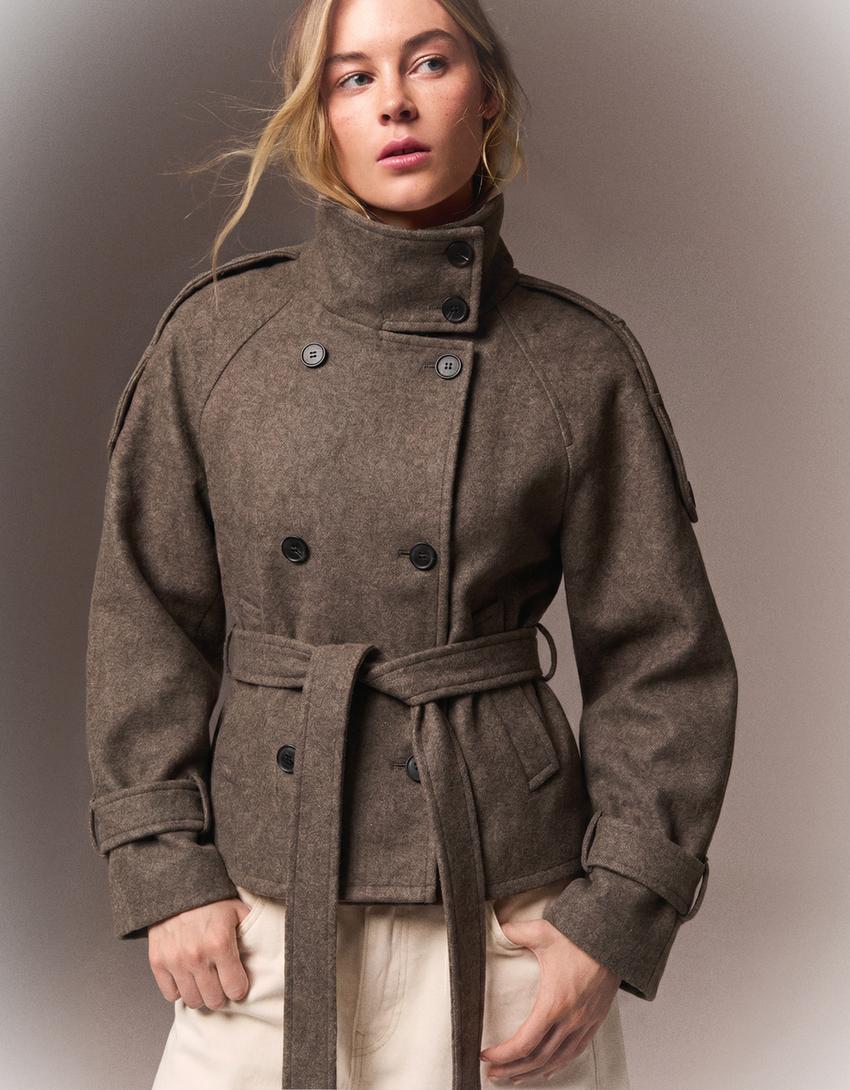 Women's belted funnel-neck trench jacket with double-breasted buttons