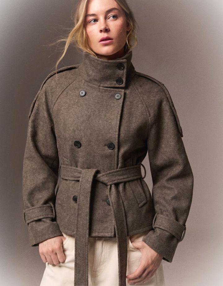 Women's belted funnel-neck trench jacket with double-breasted buttons