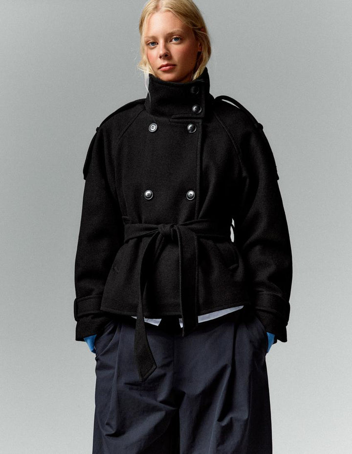 Women's belted funnel-neck trench jacket with double-breasted buttons