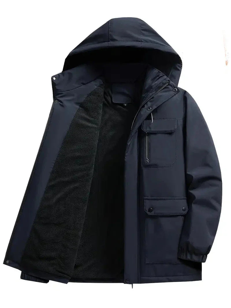 Men's hooded parka jacket with zip front and multiple flap pockets