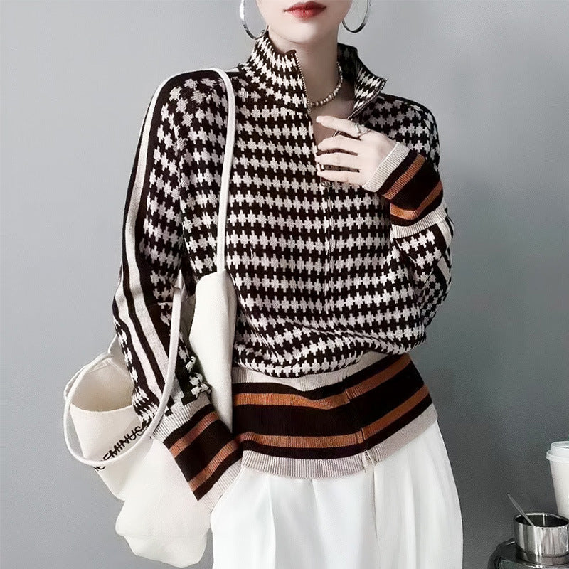 Women's houndstooth zip cardigan with stand collar and striped ribbed trims