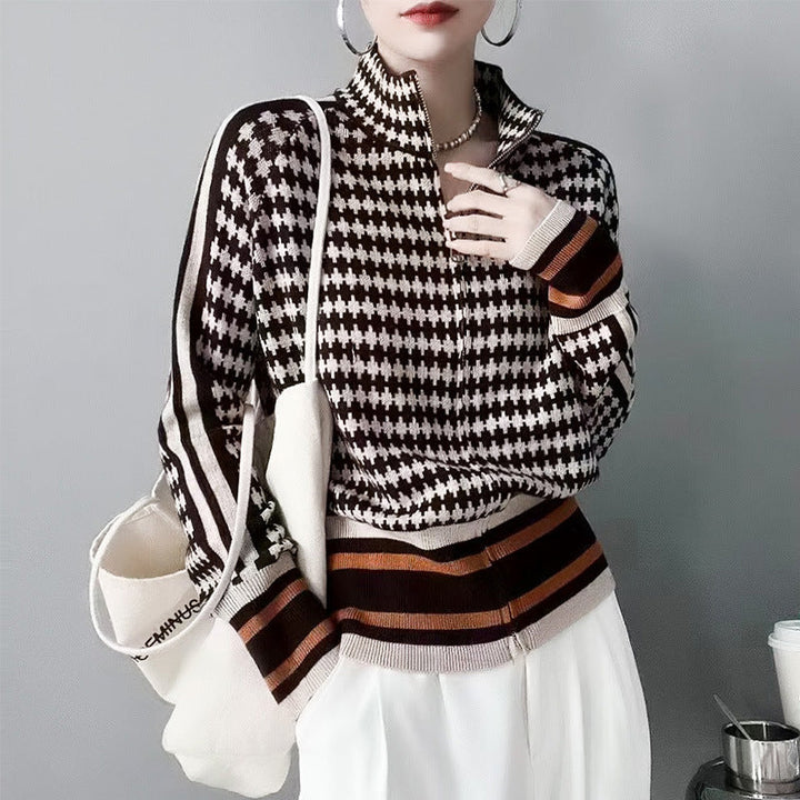 Women's houndstooth zip cardigan with stand collar and striped ribbed trims