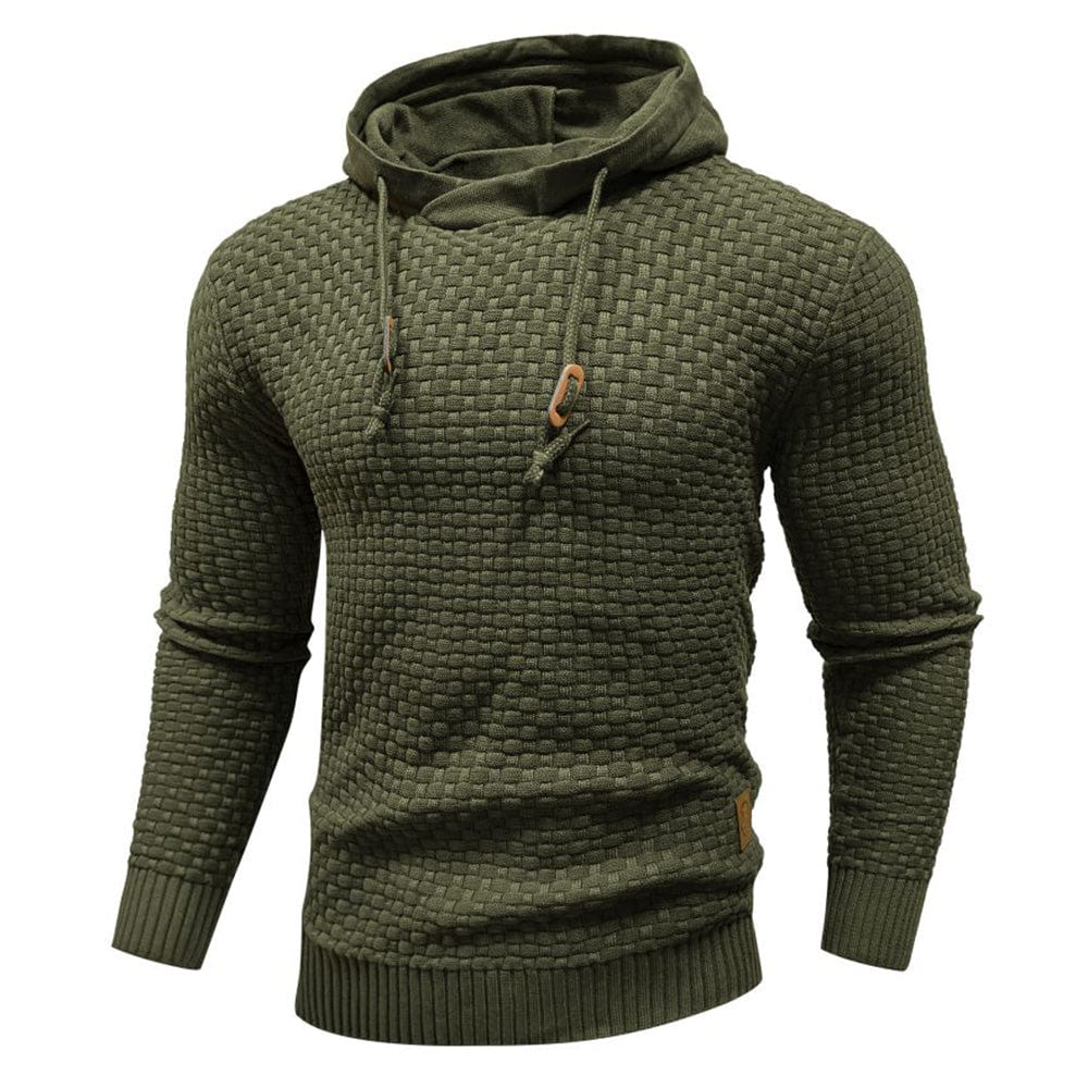 Men's textured hooded sweater with long sleeves, drawstring hood and ribbed trims