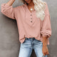 Women's loose V-neck button hoodie with drawcord hood and long sleeves