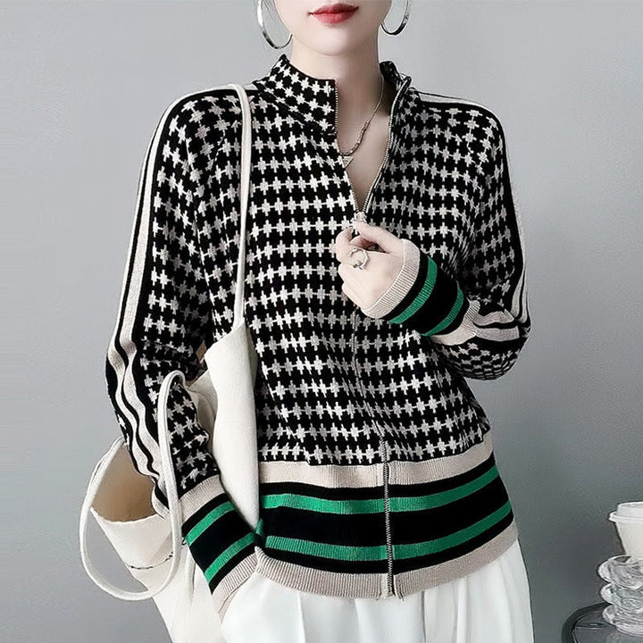 Women's houndstooth zip cardigan with stand collar and striped ribbed trims