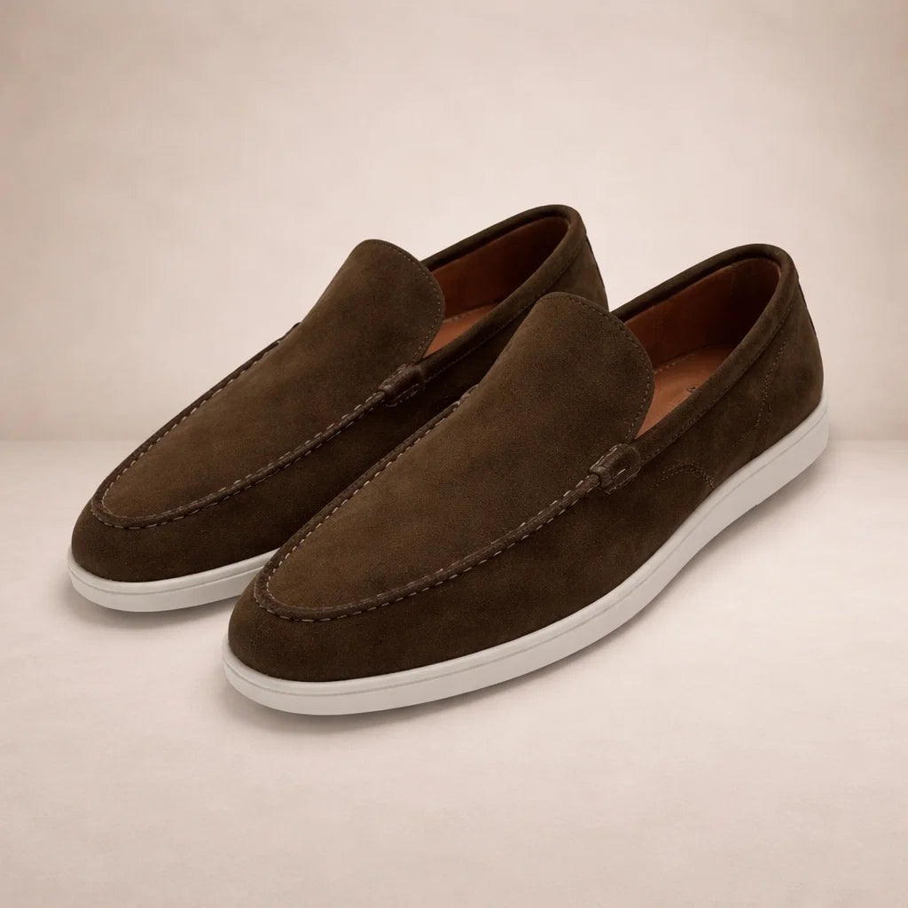 Men's casual slip-on loafers with moc toe stitching and flat white soles