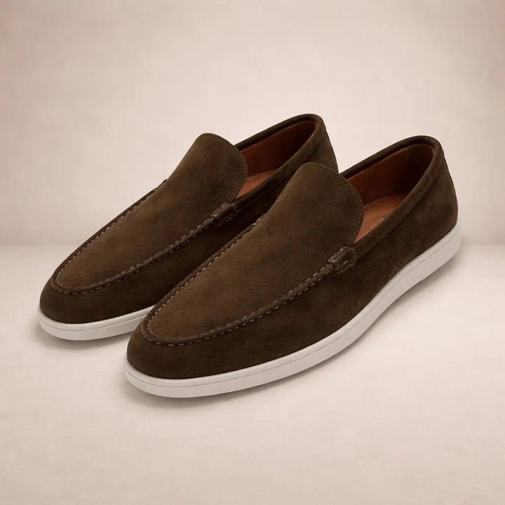 Men's casual slip-on loafers with moc toe stitching and flat white soles
