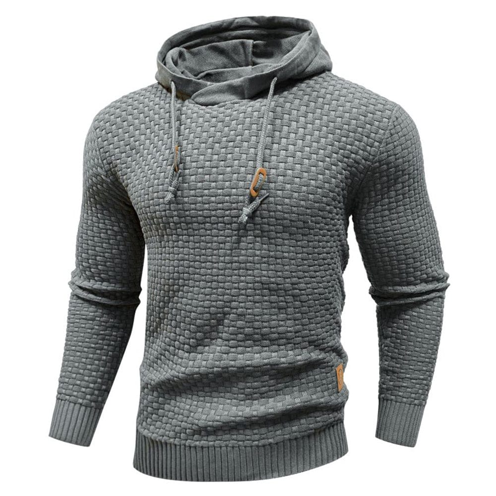 Men's textured hooded sweater with long sleeves, drawstring hood and ribbed trims
