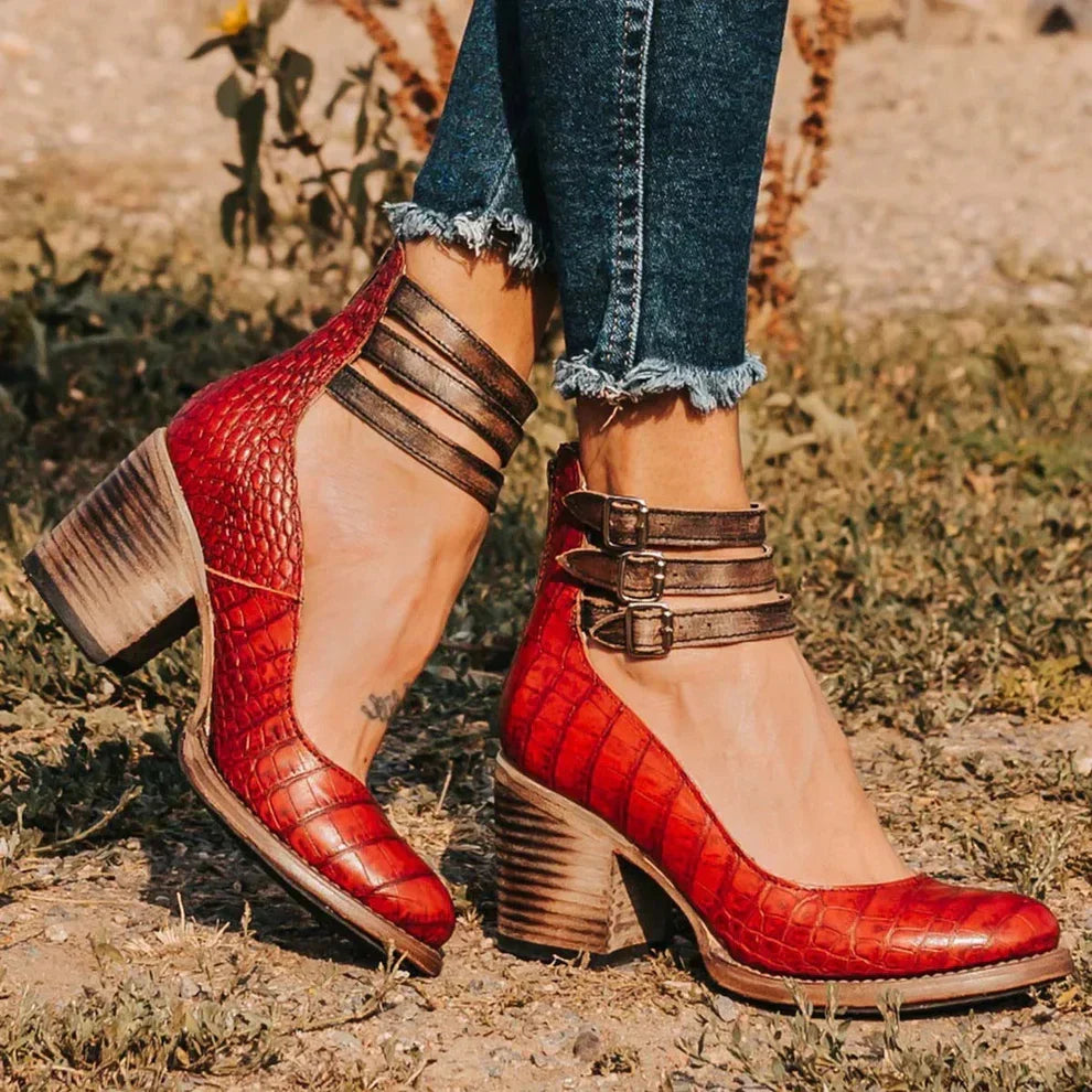 Women's ankle strap pumps with buckles and block heels