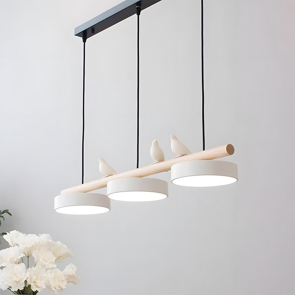 Three-lamp LED pendant light with wood-effect bar and bird details