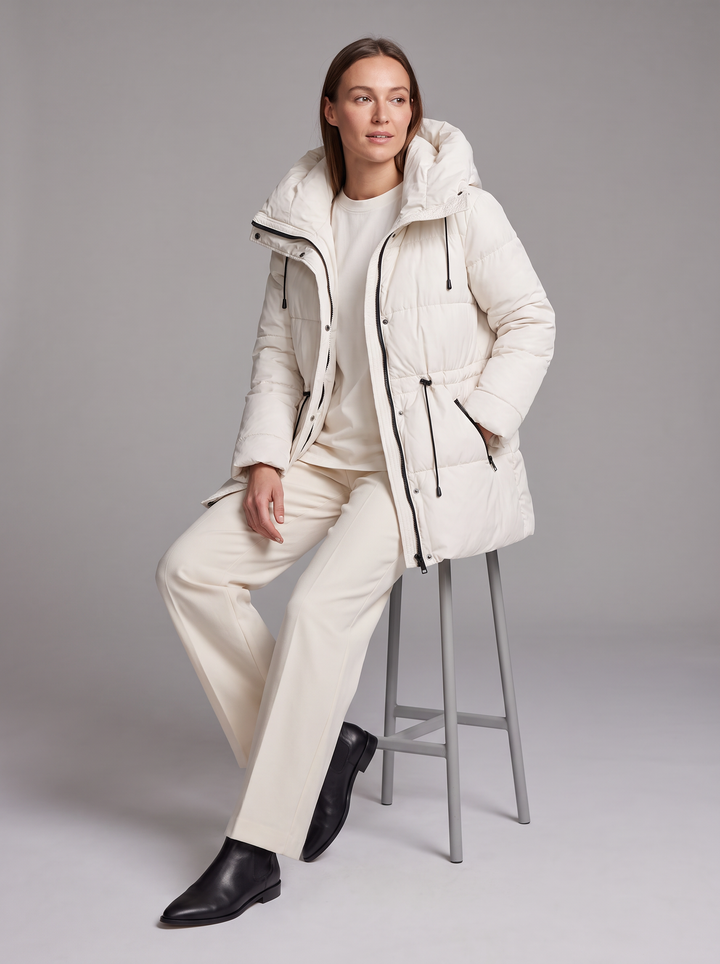 Women's padded hooded parka coat shown in beige and black