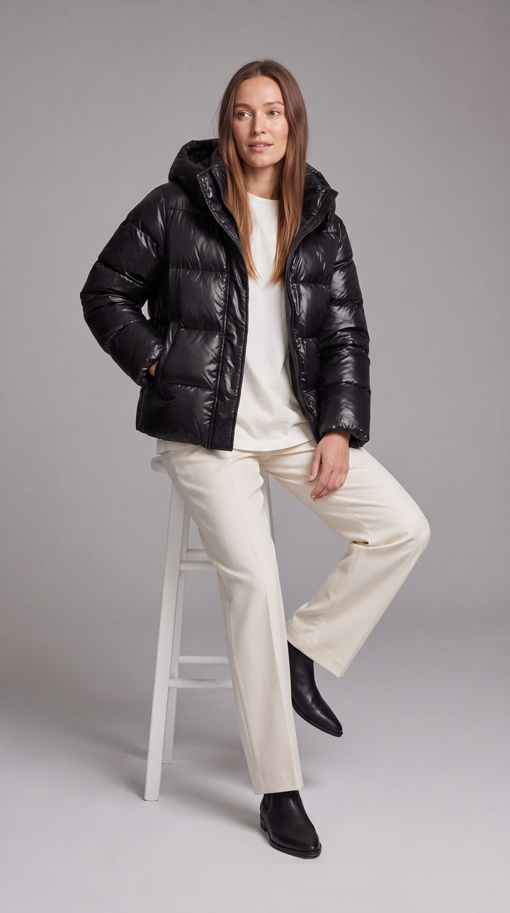 Women's hooded quilted puffer coat with long sleeves and zip front