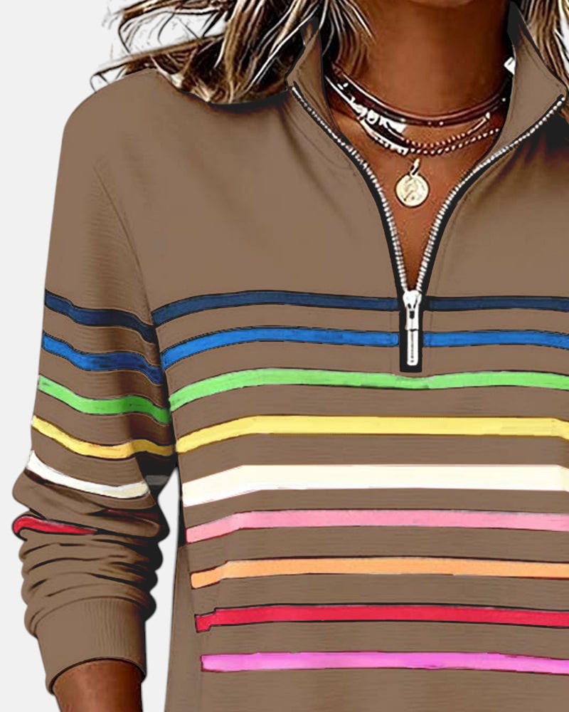 Women's Rainbow Striped Zip Sweatshirt in Gray - View 15 | Bellmere
