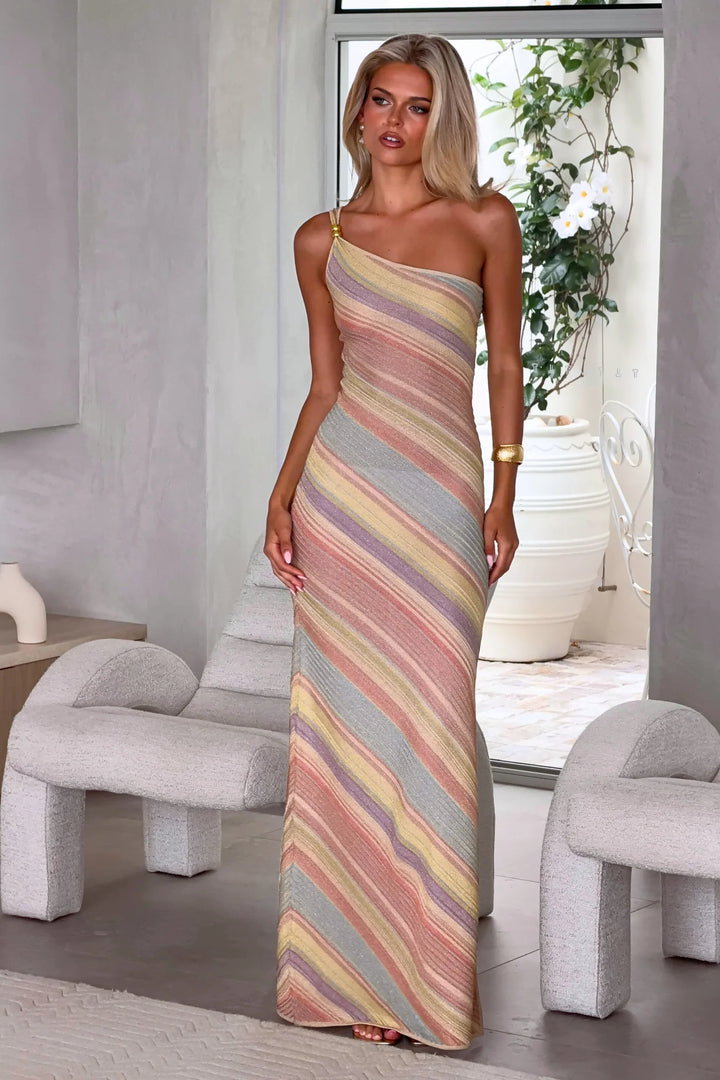 Women's one-shoulder maxi dress with multicolour diagonal stripes