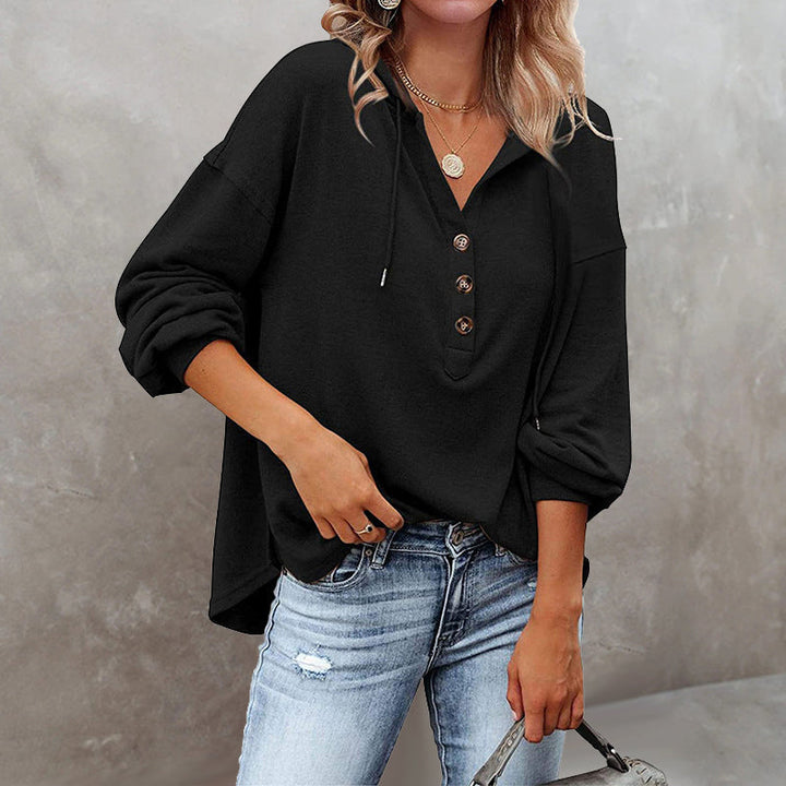Women's loose V-neck button hoodie with drawcord hood and long sleeves
