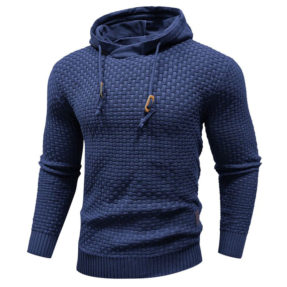 Men's textured hooded sweater with long sleeves, drawstring hood and ribbed trims