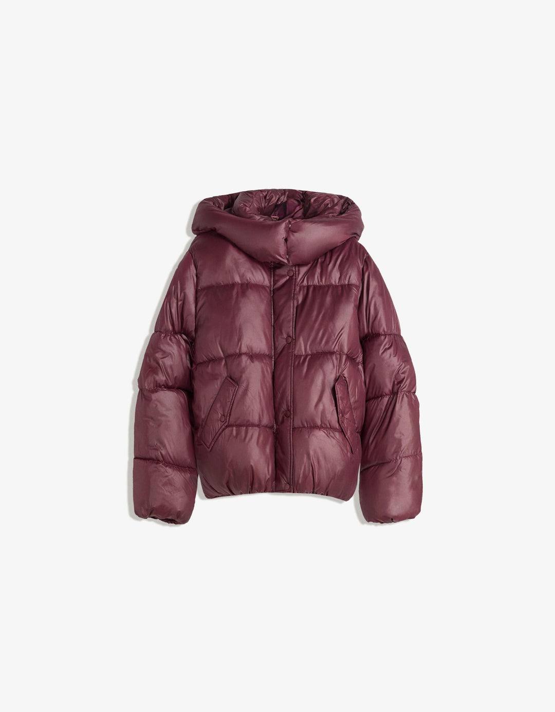 Women's burgundy hooded puffer jacket with quilted panels