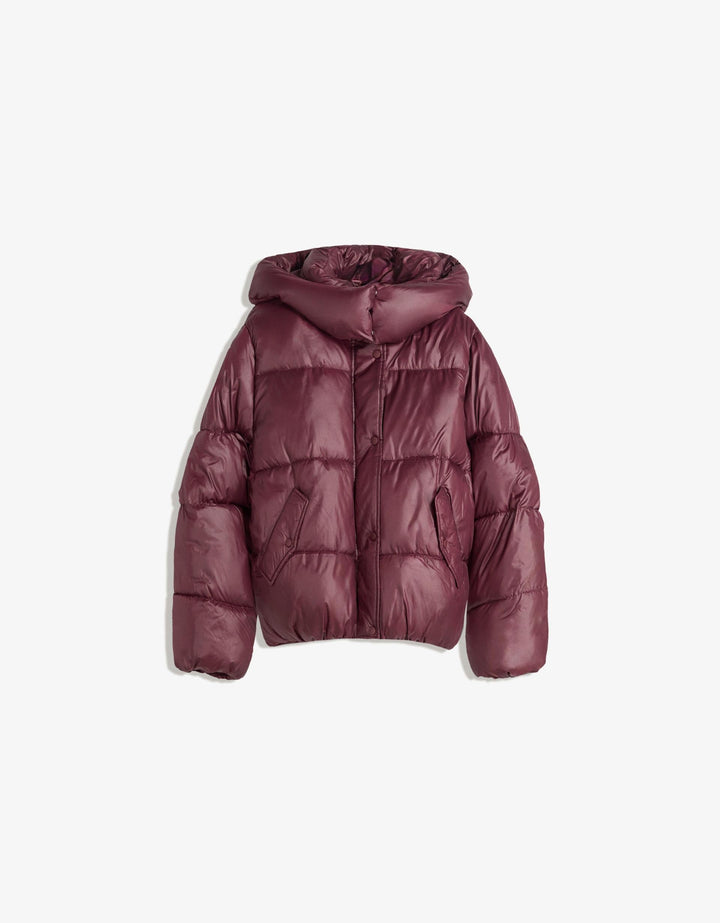 Women's burgundy hooded puffer jacket with quilted panels