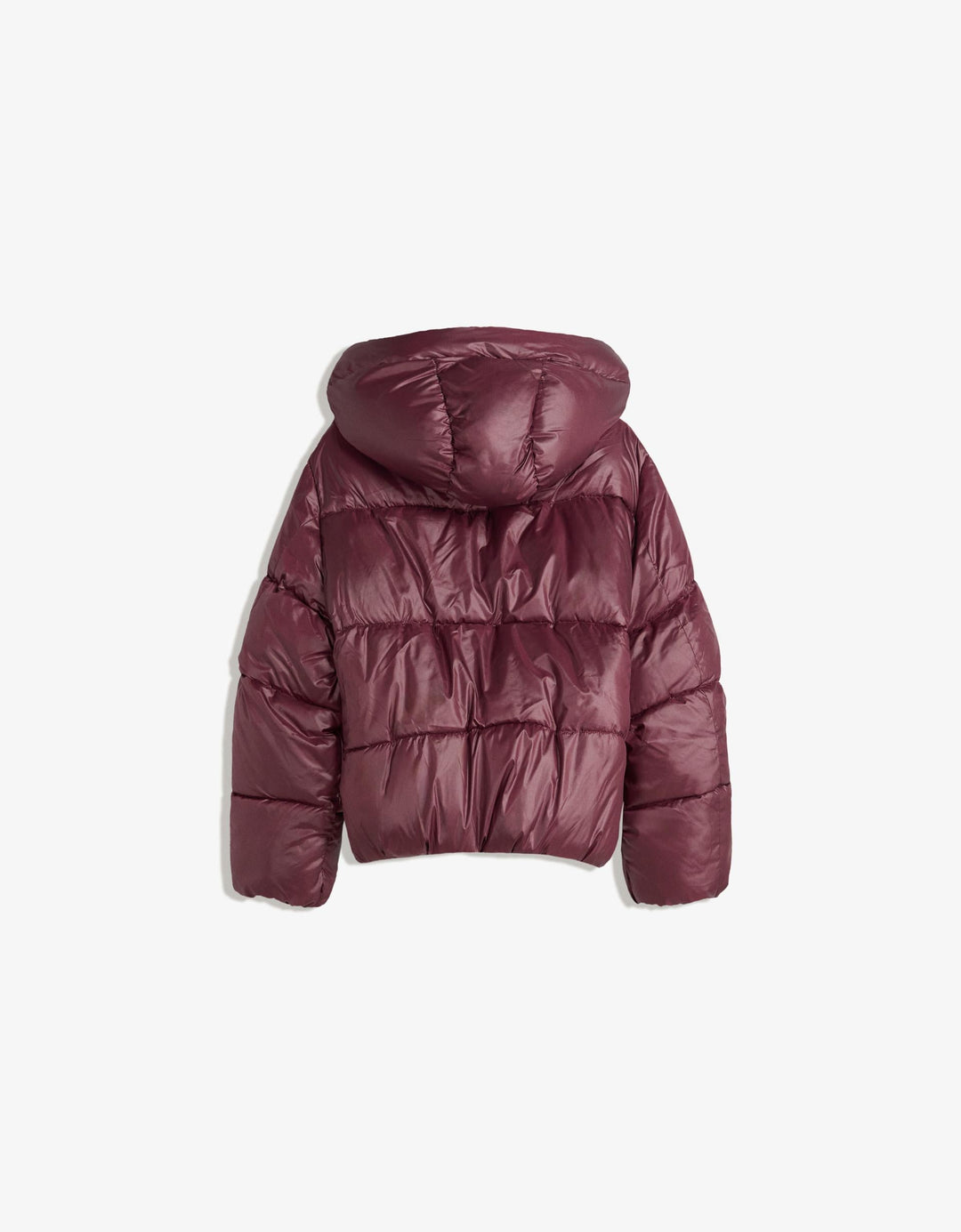 Women's burgundy hooded puffer jacket with quilted panels