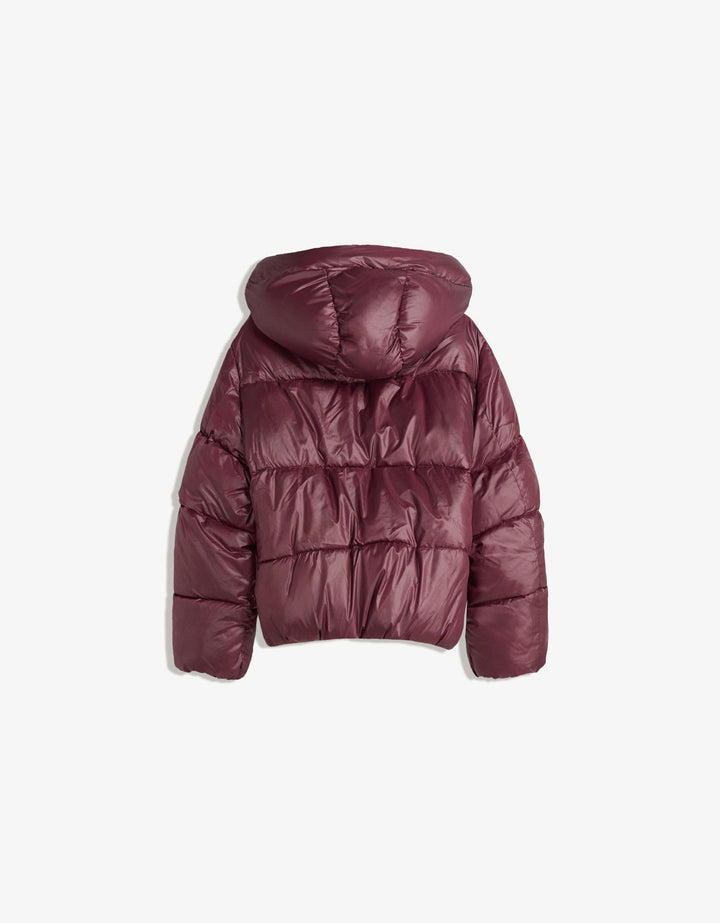Women's burgundy hooded puffer jacket with quilted panels