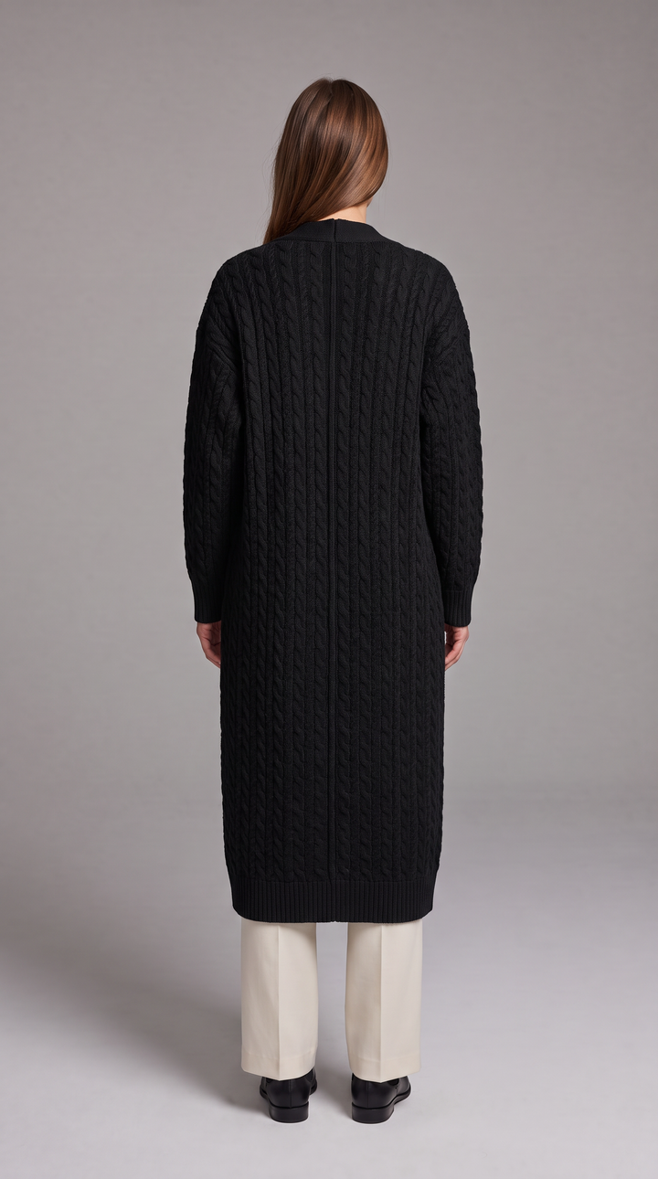 Women's longline textured knit cardigan shown in black and beige with open front and long sleeves