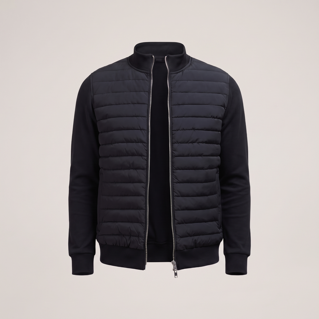 Men's hybrid puffer jacket with quilted front, stand collar and full zip