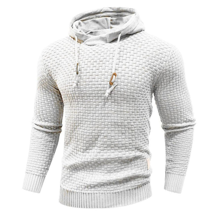 Men's textured hooded sweater with long sleeves, drawstring hood and ribbed trims