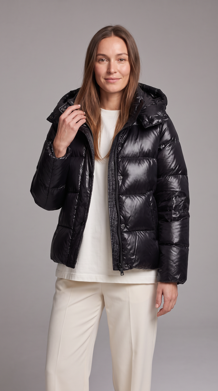 Women's hooded quilted puffer coat with long sleeves and zip front